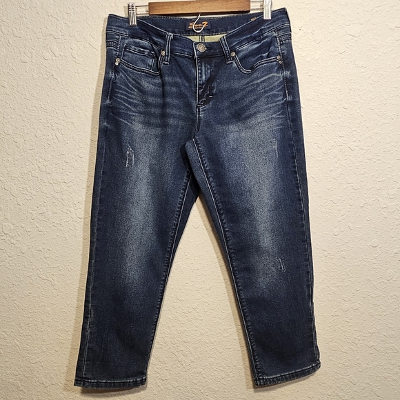 Seven7 Girlfriend Women's Mid Rise Stretch Distressed Blue Denim Crop Jeans Sz 6 - Picture 1 of 7